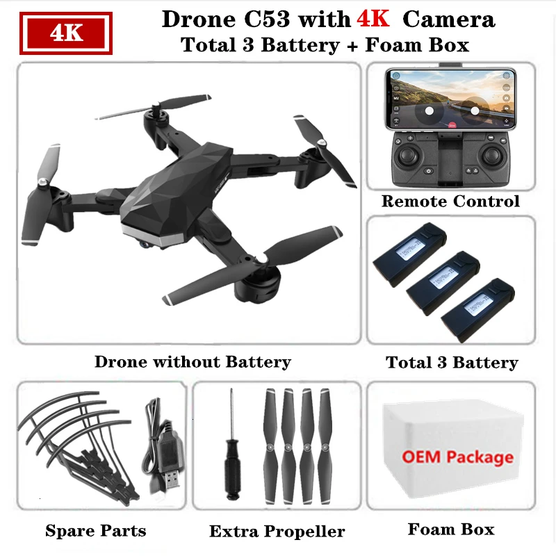 Радиоуправляемый Дрон C53 Дроны для селфи с 4K HD Двойная камера оптический поток следующий Квадрокоптер складной Квадрокоптер Дрон VS XS809S XS816 - Цвет: 4K-Foam Box-3