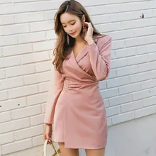 Осеннее приталенное облегающее мини-платье с высокой талией и длинным рукавом, тонкий розовый Женский блейзер, офисное платье