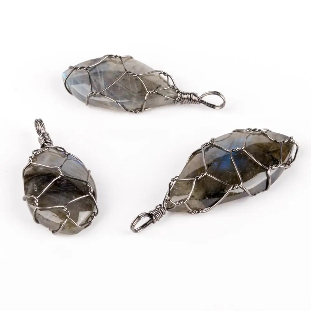 

Creative Winding Natural stone Irregular Wrap hand-wound flat pendant jewelry making DIY necklace Labradorite accessories