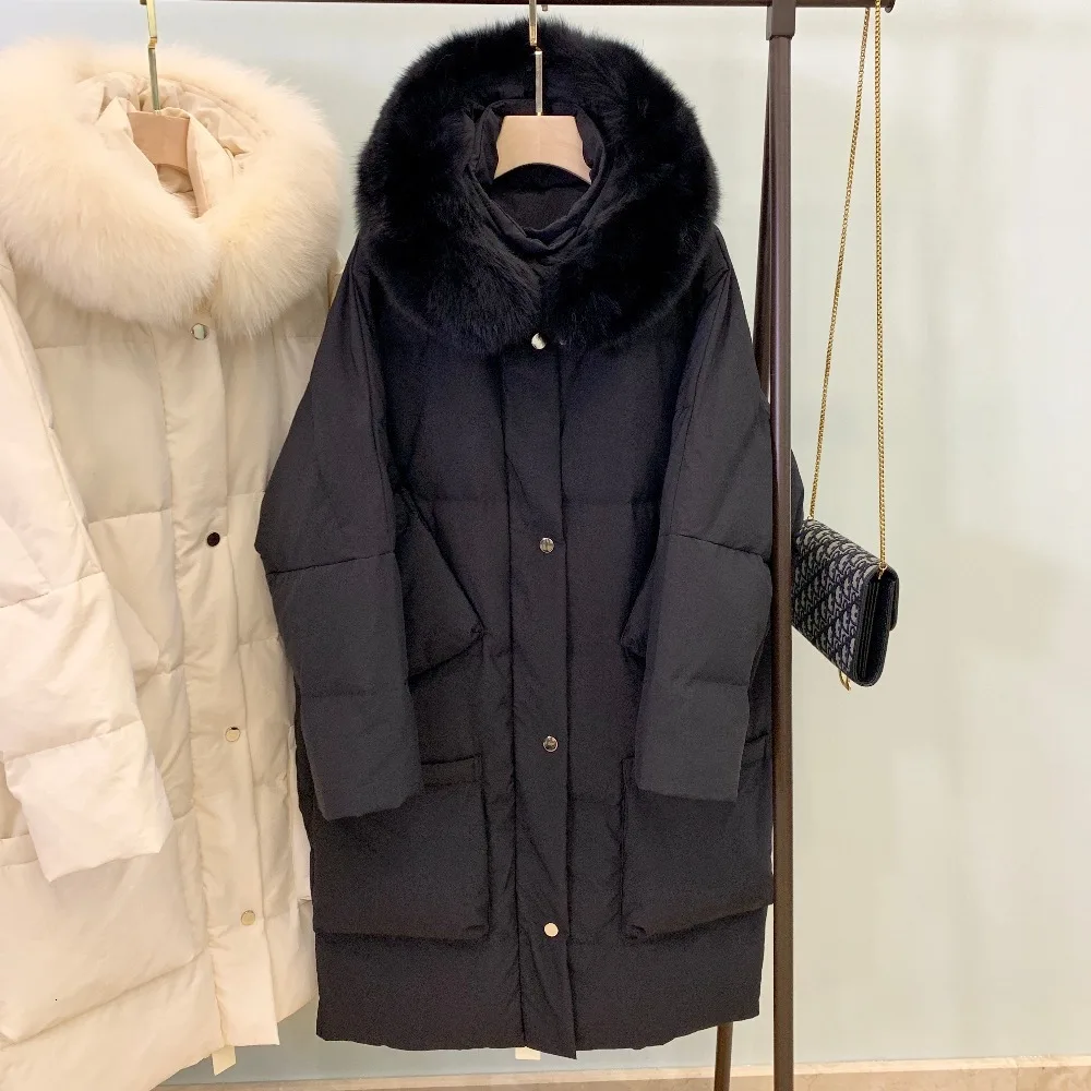 Thick Hooded Loose Warm Real Natural Fox Fur Collar Down Parka Winter Women Coat Long White Duck Down Jacket Female L080
