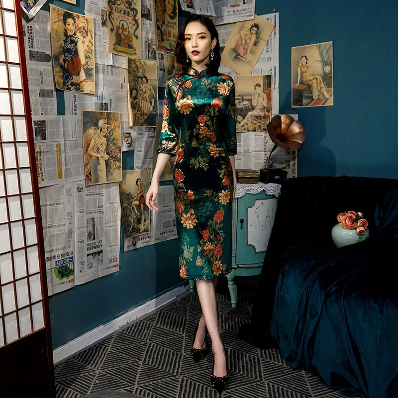 Сексуальное осеннее короткое Цветочное платье размера плюс 5XL ручной работы с пуговицами, китайское традиционное женское платье, винтажное женское сексуальное платье Cheongsam - Цвет: 1