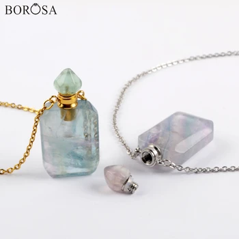 

Geometric Fluorite Perfume Bottle Pendant Necklace Gold Silver Plated Gems Stones Essential Oil Diffuser Necklace Charm WX1619