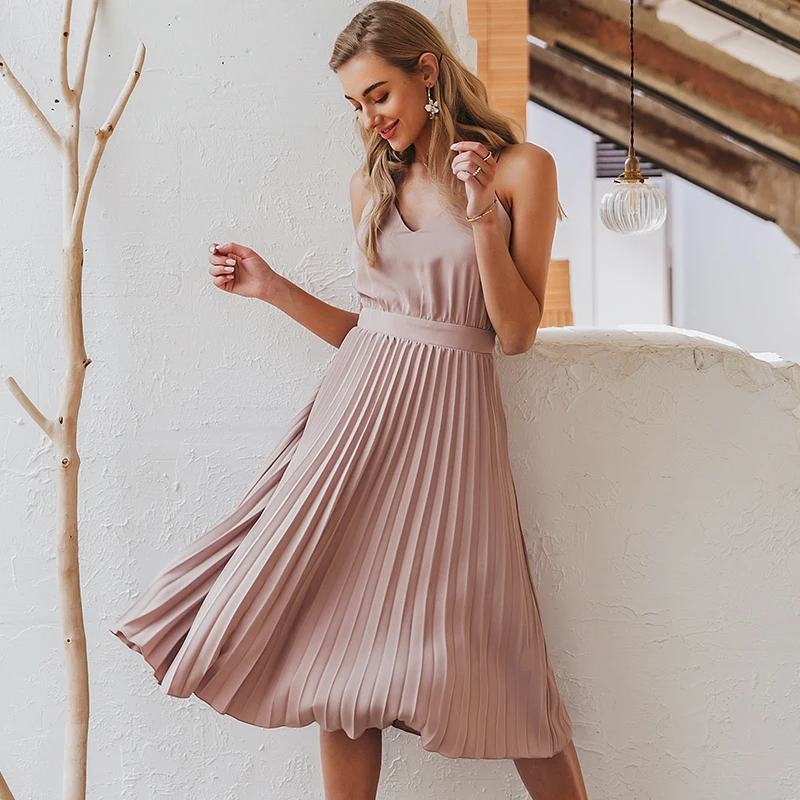 Light Pink Simplee сексуальное женское вечернее платье с v-образным вырезом элегантное женское Плиссированное офисное платье с бретельками однотонное женское розовое миди летнее платье - Цвет: Light Pink