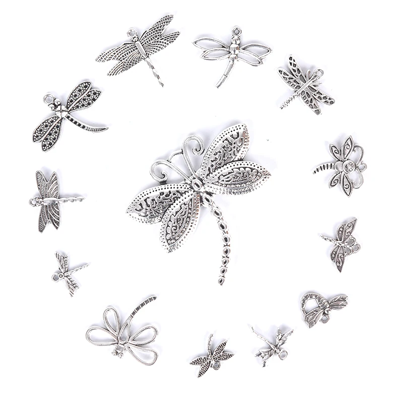 13Pcs/Set Mixed Tibetan Silver Dragonfly Charms Pendants DIY Necklace Anklet Bracelet Jewelry Making Findings Accessories