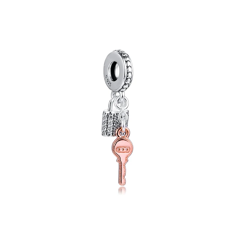

925 Silver Beads Pave Padlock and Key Dangle Charm Woman DIY Beads For Jewelry Making Fits European Sterling Silver Bracelets