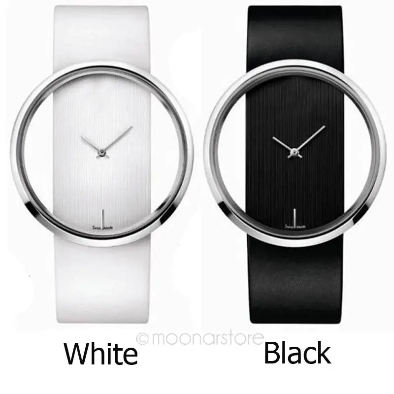 Уникальный простой стильный прозрачный циферблат Кварцевые часы кожа группа женщин смотреть черный белый наручные часы relogio feminino