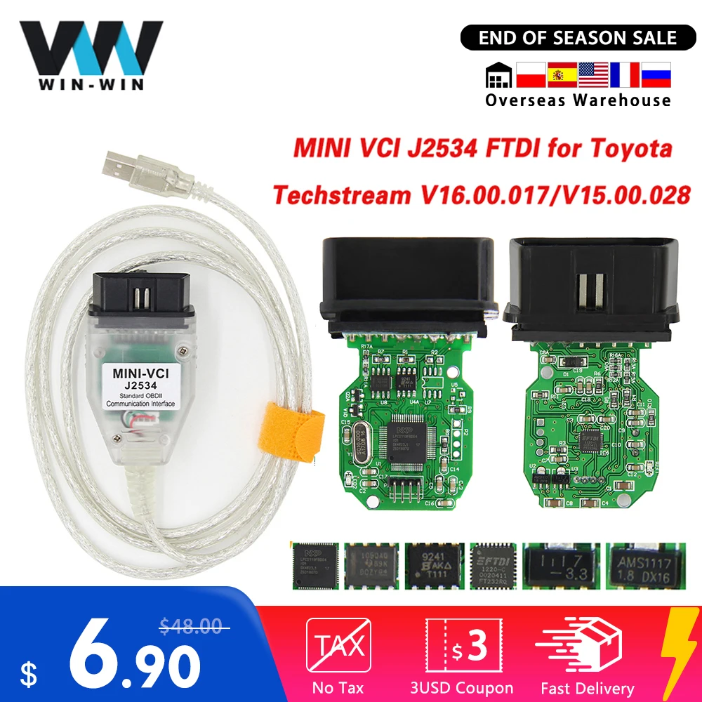 Мини vci для Toyota TIS Techstream V16.00.017 minivci FTDI автомобильного сканера J2534 OBD OBD2