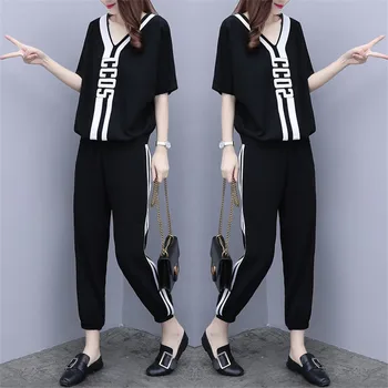 

Summer set women Leisure Sporting suit set New V-neck women sets Large size womens tracksuit 2 piece set women pant and top
