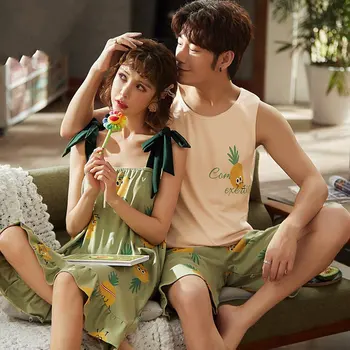 

Couples Sleepwear Set Men Women 2020 Summer New Cute Fruit Printed Sleeveless Cool Breathable Loose Leisure Nightdress Sleepwear