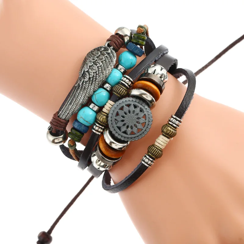 

Multi-layer Woven Alloy Feather Beaded Leather Bracelet Men Charms Bracelets Handmade Wristband Women Jewelry Pulseras Hombre