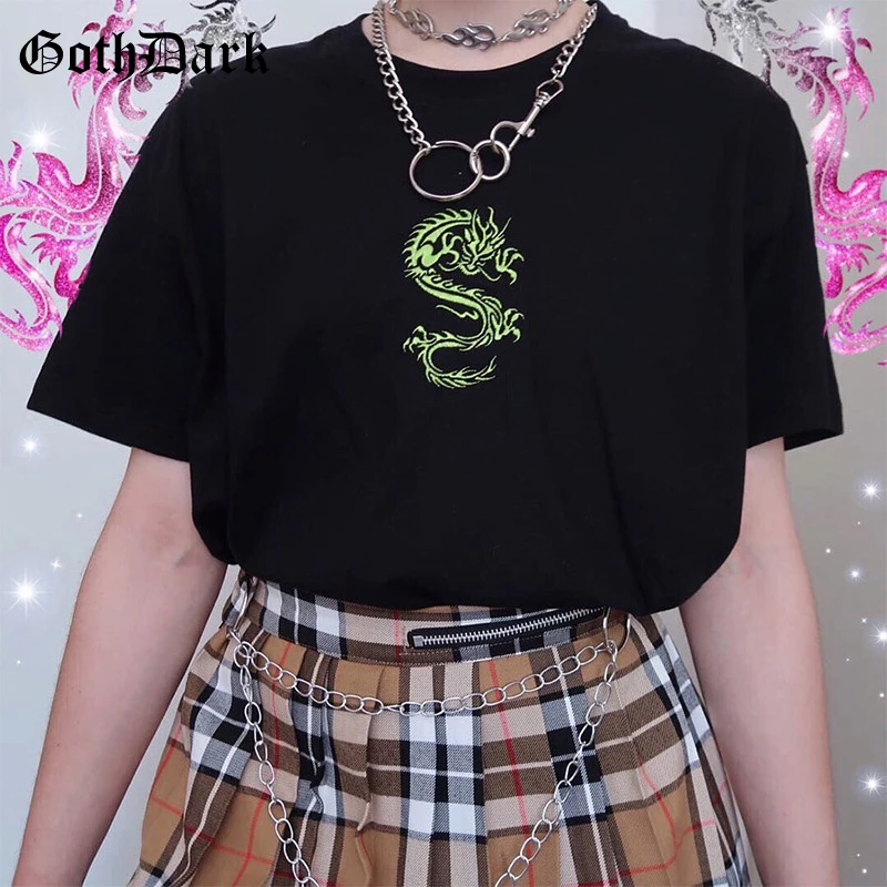 

Goth Dark O-Neck Black Loose Casual Dragon Print Female T-Shirt Summer Fashion Short Sleeve Vintage Streetwear Women's Tee