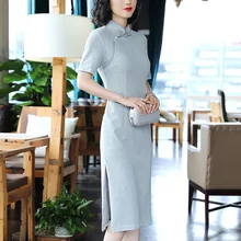 Осеннее Новое Стильное женское удобное эластичное трикотажное улучшенное платье Чонсам средней длины со стоячим воротником 90502