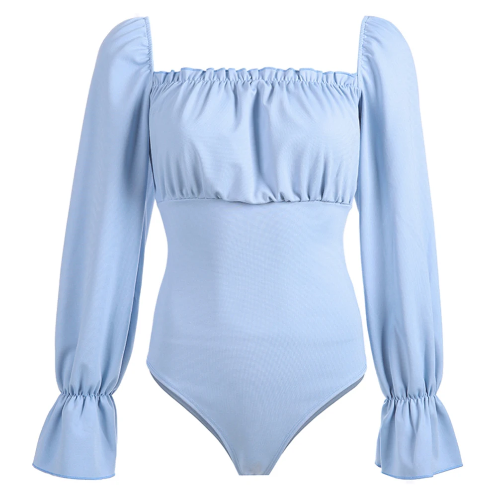 

2019 Long Flare Sleeve Open Crotch Bodysuit Square Collar Sexy Open Back Bubble Sleeves Jumpsuit Female Casual Shirt Women