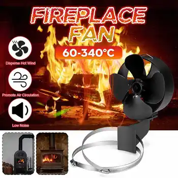 

Black Stove Fan 4 Blade Fireplace Fan Chimney Tube Device Safety Double Metal Ring Heat Distribution Fuel Saving+Hoop Device