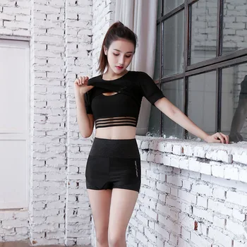 

Summer lady suit female professional running fitness fast dry printing slim short sleeve shorts set of three