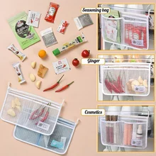 

1pcs Refrigerator Storage Mesh Bag Two Grids Hanging Home Cabinet Tidy Seasoning Fruit Basket Fridge Kitchen Organizer Pocket