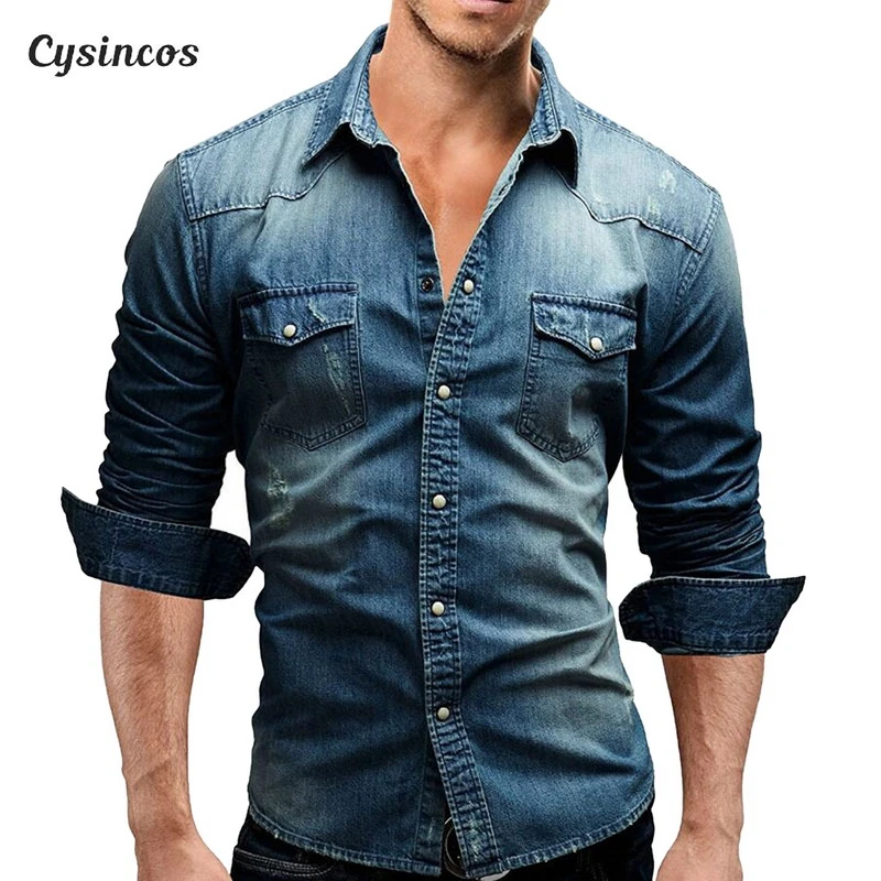 CYSINCOS джинсовая рубашка мужская хлопковая джинсовая рубашка модная Осенняя тонкая ковбойская рубашка с длинным рукавом стильные потертые тонкие Топы Азиатский Размер 3XL