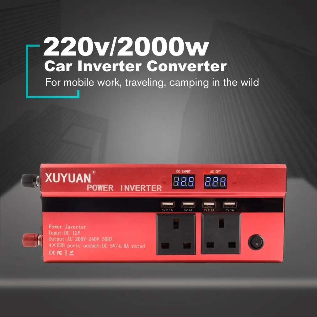 

XUYUAN 2000W Car Power Inverter DC 12V To AC 220V Converter USB Charger Adapter Portable Auto Modified Save UK Plug