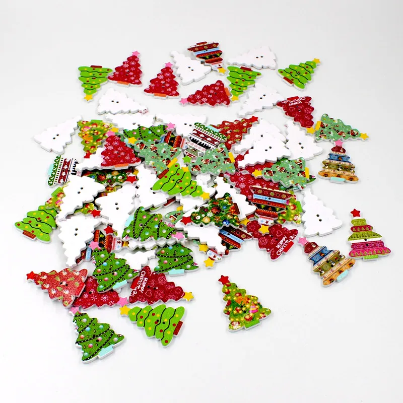 

50pcs New goods Randomly Christmas tree buttons 2 holes Mixed Patterns 25-35MM Flatback sewing supplies for Decorative
