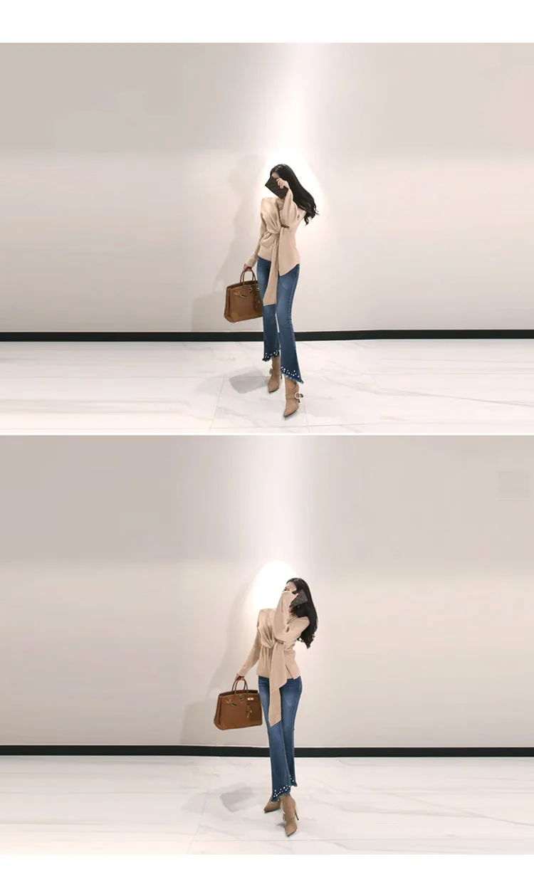 Зима женский корейский темперамент v-образным вырезом Мода крест галстук Талия вязаный свитер джемпер