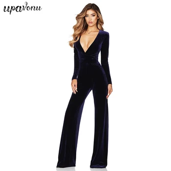 

Spring 2020 New Women's Velvet Jumpsuit Sexy Deep V-Neck Long Sleeve Black Trumpet Jumpsuit Celebrity Club Party Jumpsuit
