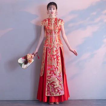 

Oriental Women Wedding Dragon&phoenix Cheongsam Suit Full Length Vintage Qipao Chinese Tang Suit Clothing Evening Dress Gown