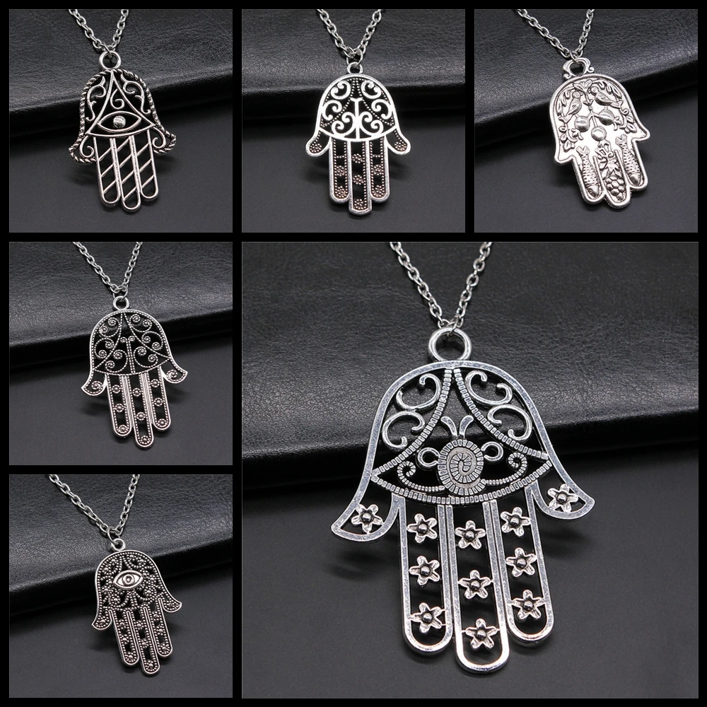 Antique Silver Color Hollow Hamsa Hand Pendant Necklace Big Metal Chain Long | Украшения и аксессуары