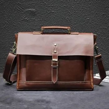 

Crazy horse PU Leather Briefcase Men Vintage Laptop Handbag Women Large Tote Business office Shoulder Bags Male Retro Travel bag