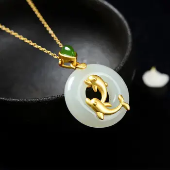 

Silver inlaid natural Hetian white jade dolphin Pisces Pendant Necklace Chinese style retro bone rice charm women's jewelry