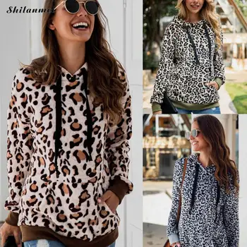 

Women Leopard Fleece Hoodie Pullovers Gray Long Sleeve Fashion Hoodies Sweatshirts Women Streetwear Pullover Casual Basic Hoody