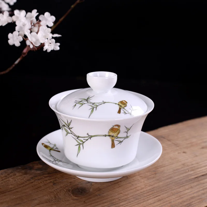 Ручная роспись синий и белый фарфор gaiwan чайная тарелка китайская керамическая чашка для чая набор покрытая чаша с крышкой чашка блюдце - Цвет: 06