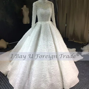 شراءفاخر كامل اللؤلؤ كرة مطرزة ثوب الزفاف 2021 100 سنتيمتر قطار خمر الخامس الرقبة حجم كبير فستان زفاف مع الحجاب 300 سنتيمتر