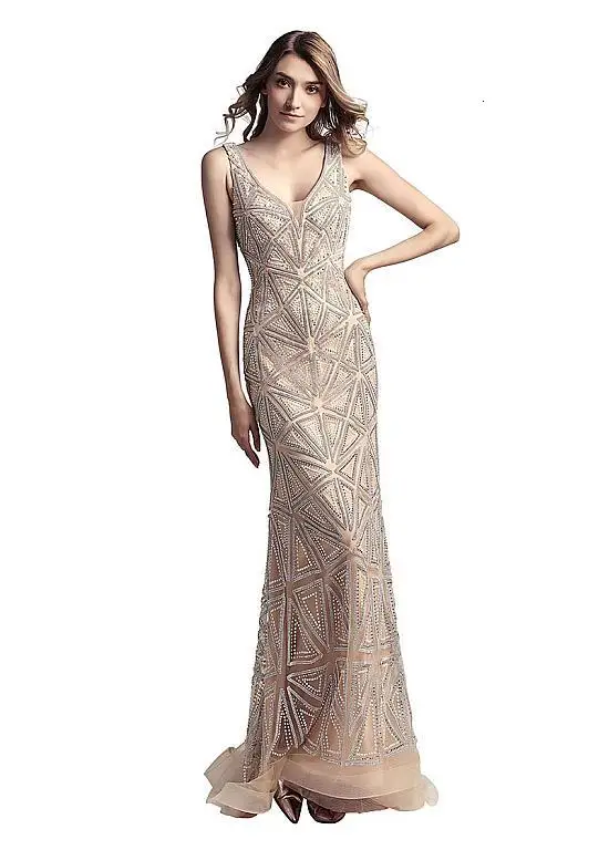 

Hot In Stock Eye-catching Tulle V-neck Backless Floor-length Sheath/Column Formal Dresses With Beadings Sleeveless Prom dress