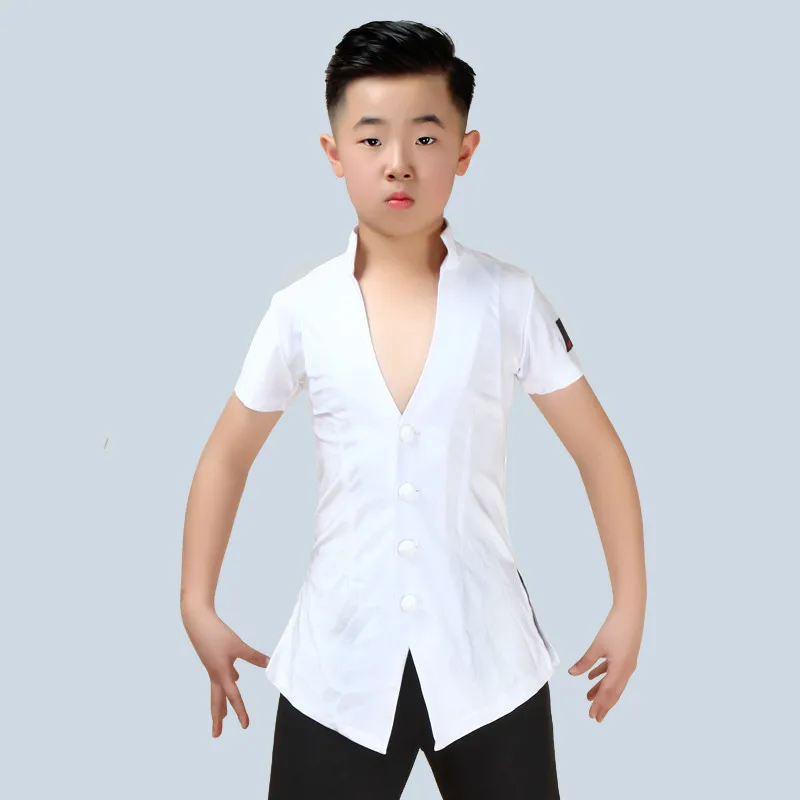 Latin Top Short Sleeve V Collar Boys Rumba Cha Cha Samba Tango Salsa Dancing Shirts Kids Competition Performance Wear