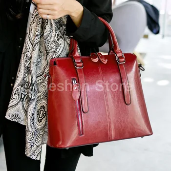 

Vintage Wax Oil Genuine Leather Briefcase Top-handle Luxury Shoulder Bags Designer Female Ladies Handbags Women Tote Bag