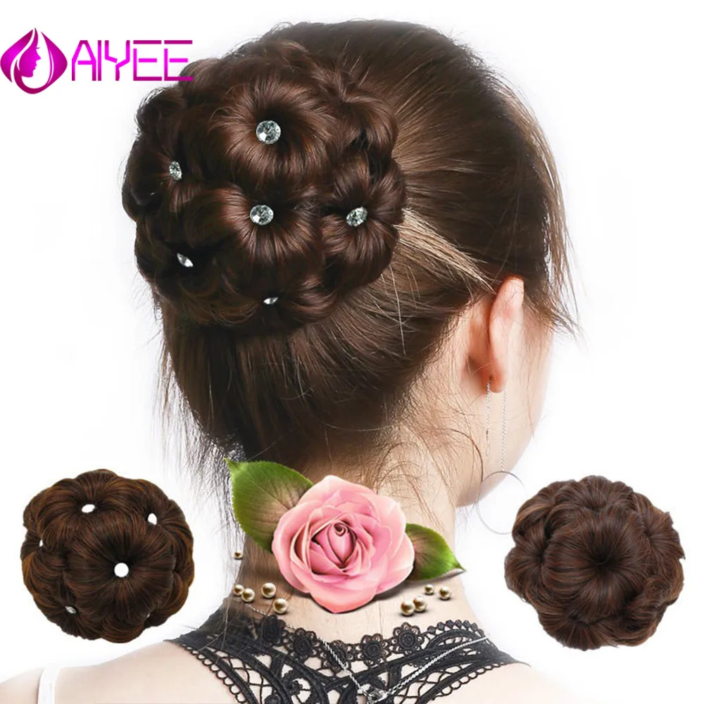 

AIYEE Bun Donut Clip In Hairpiece High Temperature Extensions Synthetic Fiber Chignon with 9 Flower Crystal Hair chignons