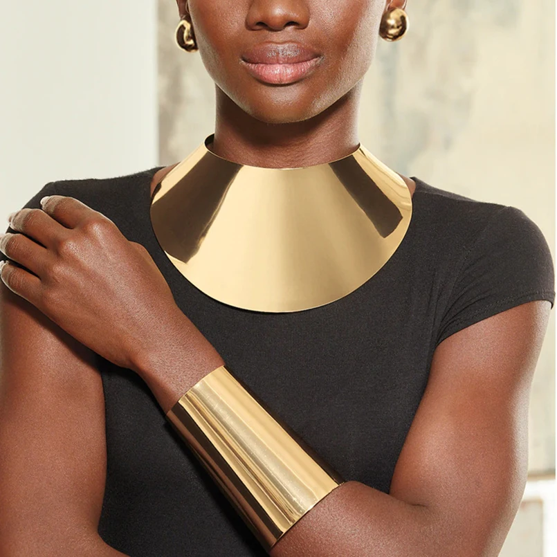 KDLUN Indian Jewelry Gold Color Metal Exaggerated Torque Big Bib Collar Choker Necklace Earrings Bracelet Set African Women