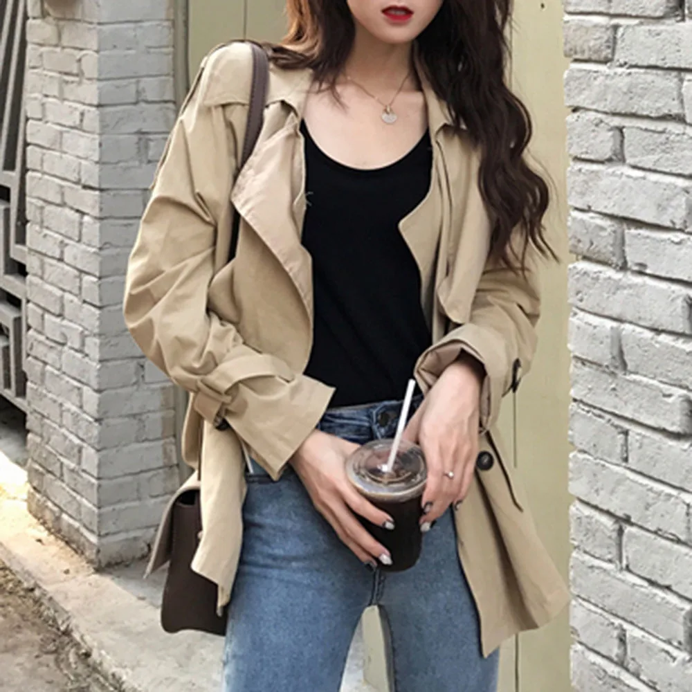 

2020 Women Trench Coat Chic Casual Korean Version Khaki Autumn Short Ladies Short Windbreaker Fashion Wild Street Coats Spring