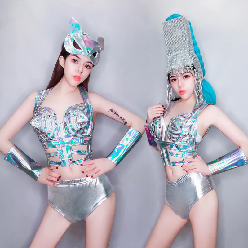 Волшебный Цвет Кожа Sexy Dj Ночной Клуб Воротник Танцевальный Костюм Красочные Сценическое Платье Бикини Ds Сценические Костюмы Для Певцов Костюм