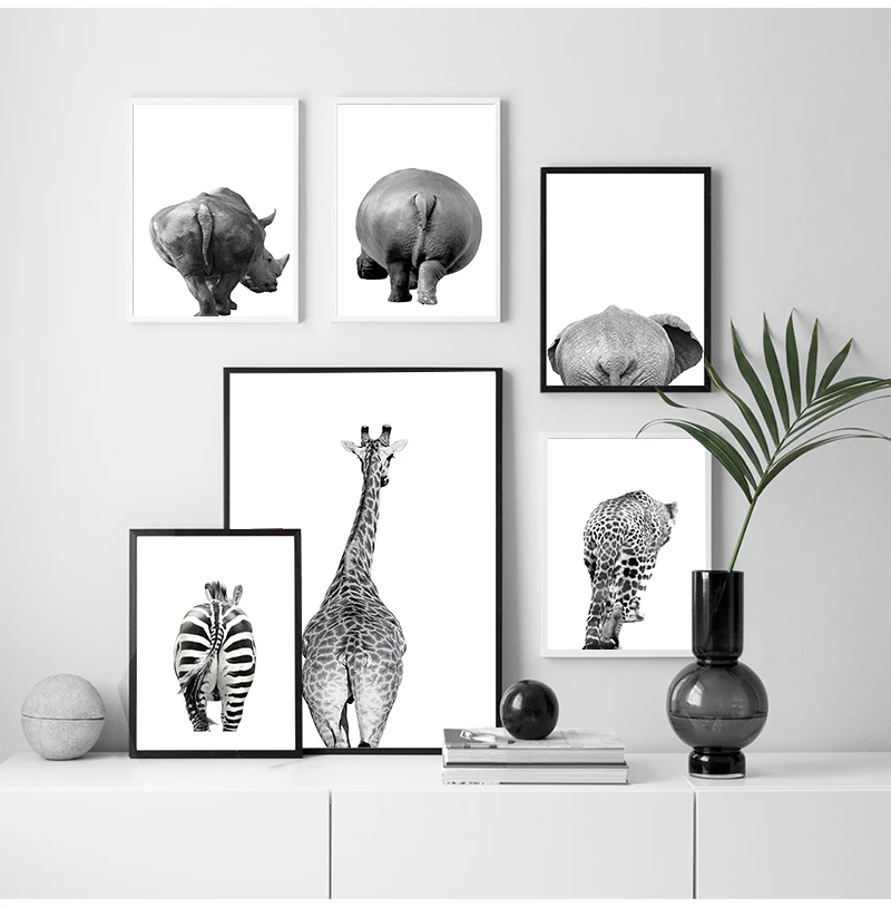 Canvas Painting Black and White Wall Art Elephant Giraffe Rhino Poster Nordic Style Wall Decor Animal Butt Prints Safari Animals