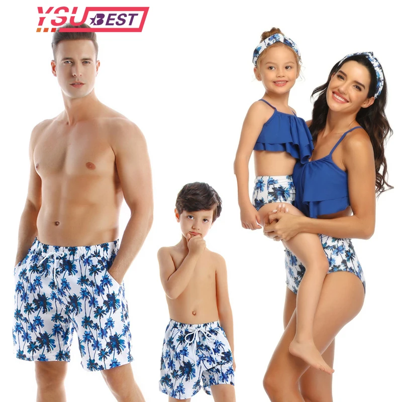 

2020 New Family Matching Swimsuit Summer Beach Holiday Blue Leaf Print Mommy and me swimsuit Suits Dad and Son Swimwear Shorts