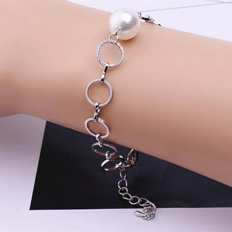 Элегантные полые круглые очаровательные браслеты и браслеты серебряный цвет мода имитация жемчуга бусины браслет свадебные ювелирные изделия для женщин