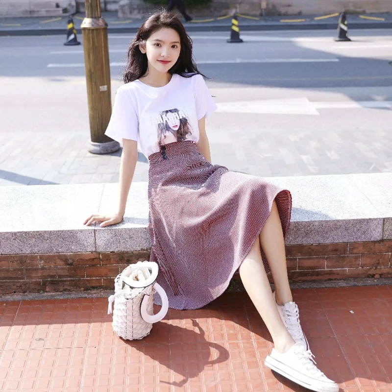 

Photo Shoot Playful Lettered Avatar Printed Short Sleeve T-shirt WOMEN'S Suit CHIC Small Pattern High-waisted A- line Skirt Slim