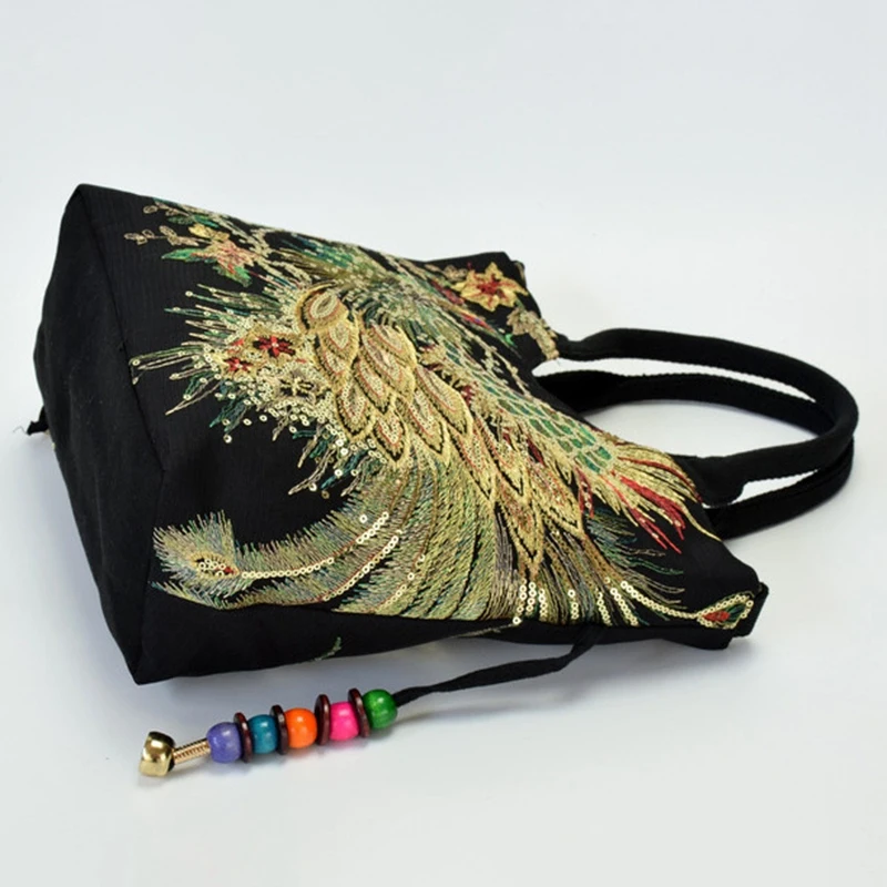 Online Shiny Pailletten Pfau Gestickte Frauen Leinwand Totes Tasche, Sommer Shopping Schulter Tasche Vintage Perlen String Handtasche Schwarz