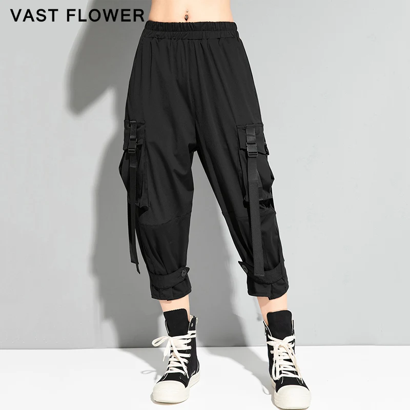 

Black Elastic Waist Pocket Spliced Ribbon Cargo Pants Women 2021 Summer New Loose Casual Calf Length Pants Fashion Streetwear