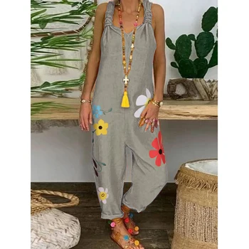 

Adisputent Fashion Print Linen Women Jumpsuit Plus Size Sleeveless Loose Overalls Casual Lace Up Strappy Dungarees Romper