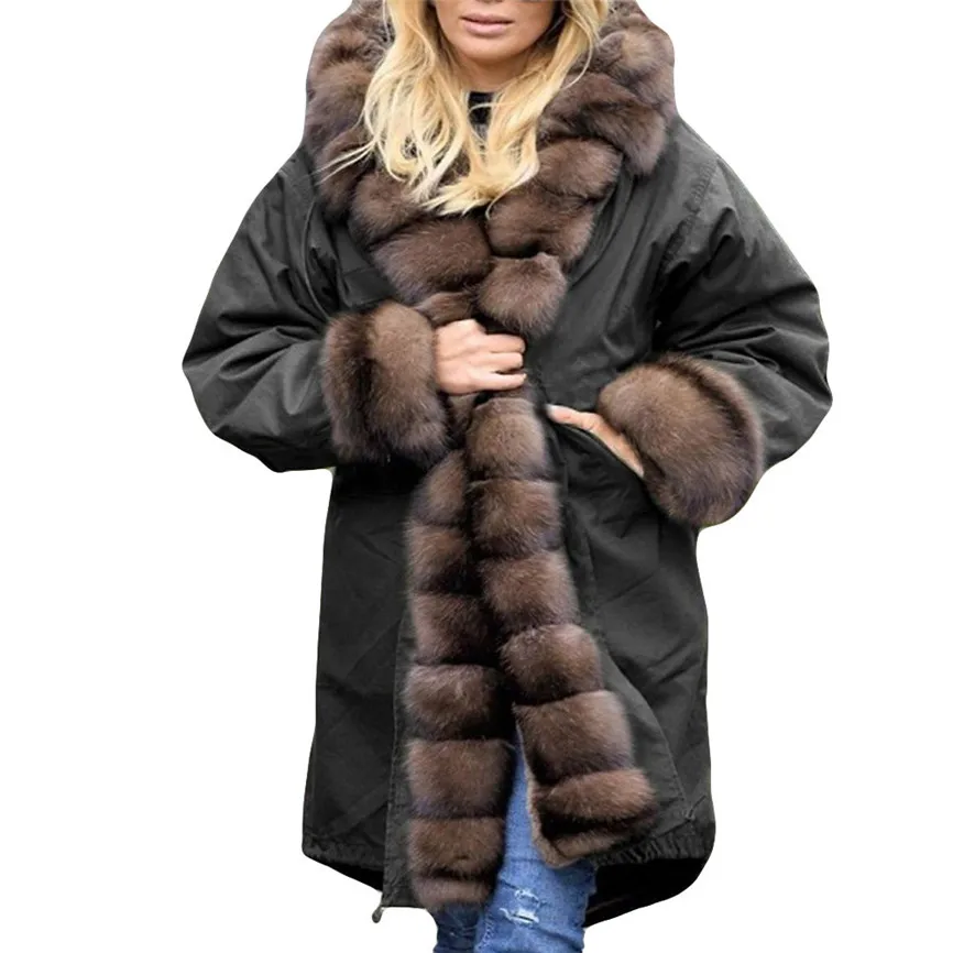 Womens Faux Fur Winter Jacket Parka Hooded Coat Fishtail Long Sleeves Overcoat Cotton Fleece Female Parkas Plus Size M-3XL - Цвет: Black