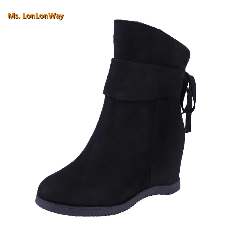 Ms. LonLonWay Women Soft Thick High Heel Platform Boots Increase Within Elastic Band Solid Casual Wedges Short |