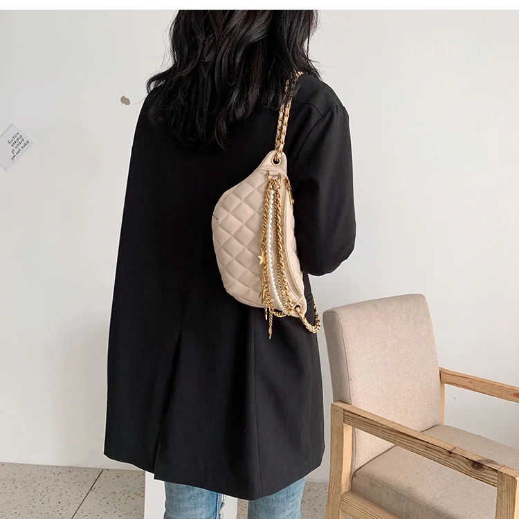 Small Bag Women New Fashion Korean Versatile Messenger Bag Pearl Chain Waist Bag Gold Letter Tassel Chest Bag Nightclub Bag