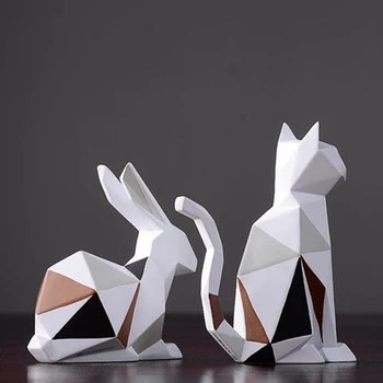 

Modern Resin Rabbit Cat Statues Sculpture Decoration Geometric Crafts Gift TV Cabinet Office Statue for Decoration Garden Statue
